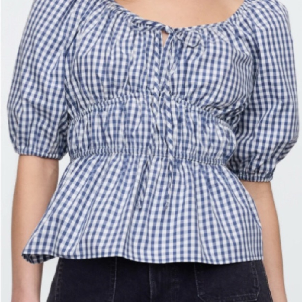 Gap Puff Sleeve Cinched-Waist Top Navy gingham M NWT - Picture 2 of 6